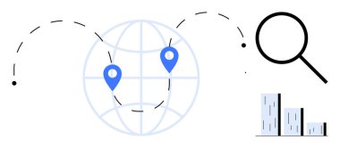 Çizgilerle birbirine bağlı konum işaretleri, keşif için büyüteç ve veri analizi için bir çubuk grafiği olan dünya. Küresel bağlantı, araştırma, analitik, lojistik ve navigasyon için ideal