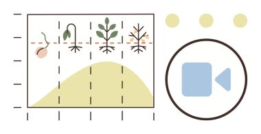 Tohumların filizlendiğini, bitkilerin büyüdüğünü, solduğunu ve çürüdüğünü gösteren grafikler. Oynatma simgesi video kullanımını önerir. Eğitim, biyoloji, tarım, veri görselleştirme teknolojisi dersleri için ideal