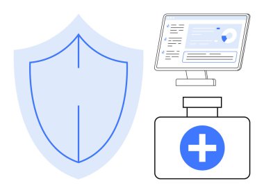 Koruma kalkanı, çapraz tıbbi malzeme, sağlık analitiğini gösteren monitör. Sağlık teknolojisi, tıbbi güvenlik, veri gizliliği, tele sağlık, koruma kavramı, siber güvenlik için ideal