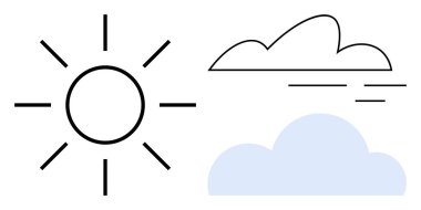 Işıldayan çizgileri, çizgili bulutu ve gölgeli bulutu olan basit bir güneş. Hava, iklim, doğa, basitlik, meteoroloji açık hava aktiviteleri için idealdir. Modern doğrusal tasarım basit düz
