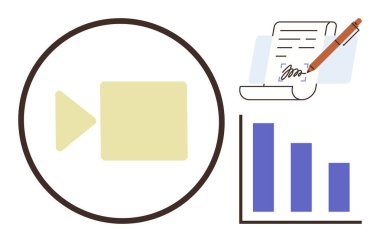 Kamera simgesi, aşağı doğru grafik çubukları ve multimedya, veri analizi ve belgeleri sembolize eden kalem imzalama kağıdı. Medya üretimi, iş stratejisi, eğitim ve araştırma iletişimi için ideal