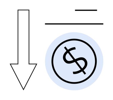 Çizgilerle çevrili bir çemberin içinde aşağı doğru ok ve dolar işareti, finansal çöküşü, maliyet tasarrufu, bütçe kesintisini veya fiyat düşüşünü temsil ediyor. Finans, ekonomi, iş dünyası için ideal, borç tasarrufu kayıpları