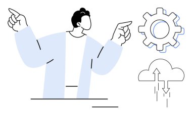 Bulut ve vites simgelerine doğru hareket eden insan teknolojiyi, bulut hizmetlerini ve gelişimi sembolize ediyor. Teknoloji, bulut hesaplama, takım çalışması, veri, yenilik, bilişim çözümleri için ideal basit düz