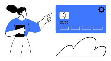 Elinde tablet tutan bir kadın dijital kartı işaret ediyor. Temalar finans, işlem, ödeme, teknoloji, bankacılık, online alışveriş, dijital yenilik için idealdir. Basit düz metafor