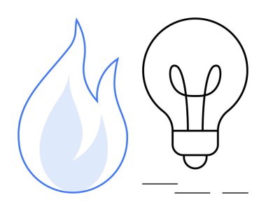 Ampulün yanındaki alev enerjiyi, yaratıcılığı ve dönüşümü simgeliyor. Yenilik, sürdürülebilirlik, fikirler, ilham, enerji verimliliği, kaynak yönetimi ve teknoloji temaları için ideal