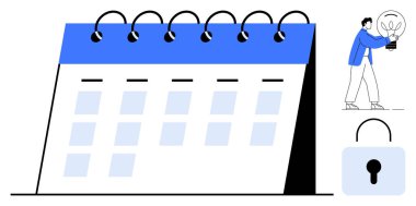 Spiral takvim, kilit sembolü, elinde ampul tutan kişi. Güvenlik, planlama, yaratıcılık, teslim tarihleri, gizlilik koruma organizasyonu için idealdir. Basit bir düz metafor.