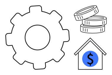 Büyük teçhizat, bozuk para yığını ve dolar işaretli ev sistem verimliliği, yatırım, tasarruf, büyüme, strateji, gayrimenkul ve maliyet yönetimi. Ticari finans ekonomisi için ideal