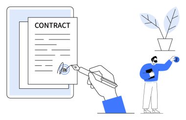 Elle dolmakalemle kontrat imzalamak, altyazı tahtası, profesyonel dosyaların tutulması, tencerede yaprak bitkisi. Anlaşmalar, sözleşmeler, profesyonellik, belgeler için ideal