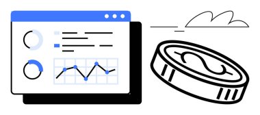Grafikler, trendler ve finans, analitik ve gelir takibini sembolize eden bir bozuk para. İş, fintech, girişimler, ekonomi veri görselleştirme stratejisi için idealdir. Basit düz metafor