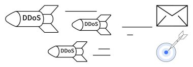 DDoS füzeleri bir e-posta zarfına ve okla vurulmuş bir hedefe doğru fırlatılıyor. Siber saldırı için ideal, dijital tehdit, teknoloji, güvenlik, veri ihlali, internet riski, basit düz metafor
