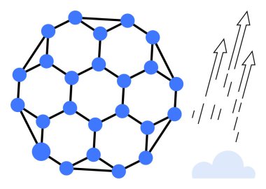 Birbirine bağlı düğümler ve yukarı doğru ok ve bulut şeklinin yanında ağ desenli küre. Yenilik, teknoloji, bağlantı, büyüme, dijitalleşme, gelişme, modern kavramlar için idealdir. Basit.