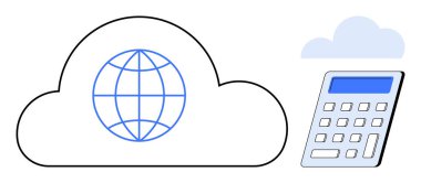 Bir hesap makinesinin yanında internet bağlantısını temsil eden bir dünya ikonu olan bulut çizgisi. Teknoloji, dijital finans, bulut hizmetleri, bilişim çözümleri, küresel iş, veri analizi, basit