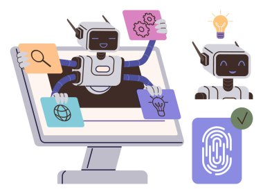 Ekrandan çıkan robot arama, yenilik, ağ ve kimlik doğrulama araçlarıyla çoklu görev yapıyor. Otomasyon, yapay zeka, teknoloji, verimlilik biyometrik yenilik ağı görevleri için idealdir. Basit.