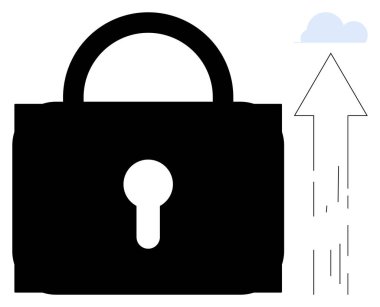 Asma kilit, yukarı doğru yükselen bir okun yanında, güvenli veri transferi ve bulut depolamasını temsil eden bir bulutu göstermesini sembolize ediyor. Siber güvenlik, bulut hesaplama, şifreleme, veri gizliliği için ideal