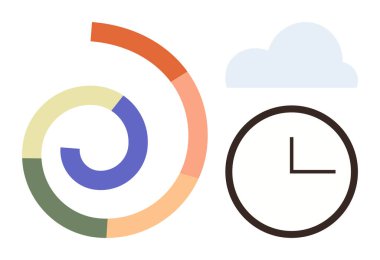 Değişken renkler, basit saat ve bulut şeklinde spiral ilerleme çizelgesi. Zaman izleme, verimlilik, veri görselleştirme, zamanlama, proje yönetimi, analitik hava tahminleri için ideal