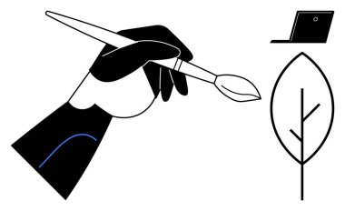 Bir dizüstü bilgisayarın yanında basit bir yaprak yaratmak için fırça kullanan el, yaratıcılık ve teknolojiyi harmanlıyor. Sanat, doğa, sürdürülebilirlik, yenilik, tasarım, teknoloji ve eğitim temaları için ideal