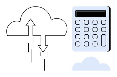 Hesap makinesi ve daha küçük bir bulutun yanında veri transferini sembolize eden okları olan bulut. Teknoloji, finans, analitik, dijital depolama, iş planlaması, bulut hesaplaması için ideal, basit düz metafor