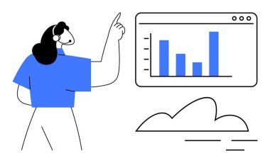 İnternet arayüzündeki bar çizelgesine işaret eden kulaklıklı kadın bulut tabanlı veri analizini temsil ediyor. İş, teknoloji, veri analizi, eğitim, takım çalışması, online eğitim stratejisi için idealdir. Temiz