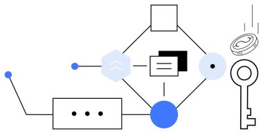 Geometrik şekiller, anahtar ve akış şeması elementleri veri akışını, güvenliği ve teknolojiyi sembolize eder. Siber güvenlik, sistemler, işlem haritalama, veri yönetimi yenilik iş akışı ve erişim için ideal