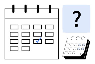 İşaretli tarih, soru işareti sembolü ve ek mini takvim içeren takvim sayfasını aç. Planlama, planlama, mühlet, zaman yönetimi, karar verme, organizasyon için ideal basit daire