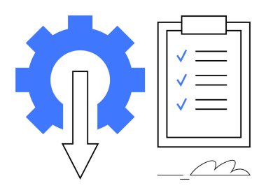 Mavi dişli ve aşağı doğru ok işaretli kontrol listesi panosunun yanında. İş akışı, verimlilik, verimlilik, süreç yönetimi, planlama, kalite kontrolü ve proje takibi için ideal. Basit.