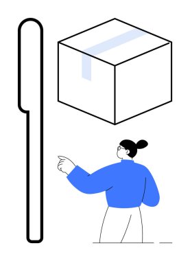 Elinde bant ve doğrusal nesneyle kapalı bir kutuya doğru hareketler yapan bir kadın. Lojistik, nakliye, teslimat, e-ticaret, depolama, minimalizm ve yön için ideal. Basit düz metafor