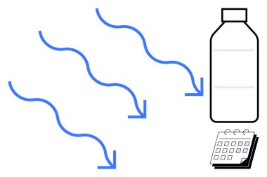 Mavi oklar şişeye doğru hareket eder, takvim boyunca akışı, süreci ya da transferi simgeler. Hidrasyon, planlama, planlama, ilerleme izleme verimliliği yönetimi için idealdir basit düz