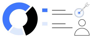 Veri dağılımında ipuçları içeren turta grafiği, hedefe ulaşmak için hedefi hedefleyen oklar ve kişiselleştirmeyi öneren kullanıcı simgesi. Veri görselleştirme, hedef ayarı ve kullanıcı için ideal