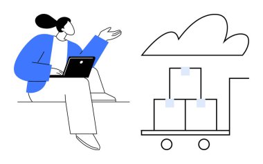 Dizüstü bilgisayarında el kol hareketi yapan bir kadın, kutular dolusu kutunun üstünde depolama, teknoloji ve lojistik tasvir eden bir bulut. Bulut hesaplama, veri depolama, teknoloji, uzaktan çalışma ve lojistik için ideal
