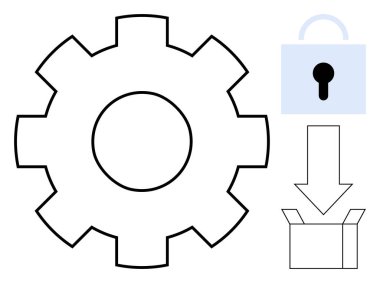 Kilit, aşağı doğru ok ve ayarları, güvenliği ve veri transferini temsil eden kutunun yanında büyük teçhizat. Teknoloji, siber güvenlik, güncellemeler, depolama otomasyon yenilik yönetimi için ideal