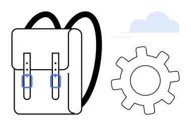 Sırt çantası ve vites tekerleği yumuşak bulutlu, eğitim, seyahat ve yenilikleri birleştiren. Öğrenme, macera, süreç, organizasyon, takım çalışması yaratıcılığı için ideal basit düz metafor