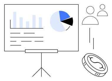 Bar tablosu ve pasta grafiğini gösteren sunum tahtası, iki sadeleştirilmiş insan figürü ve bozuk para tasarımı. Takım çalışması, veri analizi, finans, iş stratejisi, işbirliği, sunum için ideal