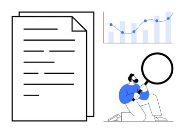 Belgeler, çizgi grafiği ve büyüteçle adam veri analizi, araştırma ve gözden geçirme. İş, analitik, denetleme, araştırma içgörü değerlendirmesi için ideal basit düz metafor