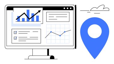Bilgisayar monitöründe mavi yer işareti ve bulutlu grafikler, çizelgeler ve kontrol listeleri var. Analiz, raporlama, konum izleme, iş stratejisi, görselleştirme, teknoloji kavramları için ideal