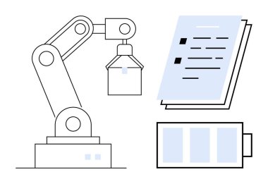 Bir yığın belge ve pil durum çubuğunun yanında robot kol görevi. Otomasyon, teknoloji, robot bilimi, endüstri, üretkenlik, yenilik ve sürdürülebilirlik temaları için idealdir. Basit düz