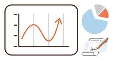 Yukarı doğru eğilimli çizgi grafiği, pasta grafiği ve imzalı belge. Veri analizi, iş başarısı, büyüme tahminleri, mali eğilimler, piyasa performansı, karar verme iletişimi için ideal
