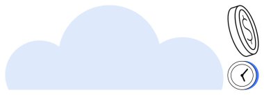 Dolar madeni parası ve saati olan mavi bulut maliyet etkinliğini, zaman yönetimini ve dijital verimliliği vurguluyor. Teknoloji, bulut hesaplama, finans, verimlilik, planlama, tasarruf için ideal