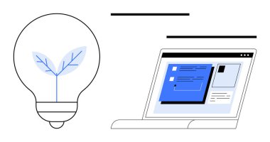 Yapraklı ampul çevre dostu yeniliği sembolize eder. Dizüstü bilgisayarda teknoloji tasarımı, veri içgörüsü var. Sürdürülebilirlik, yenilik, teknoloji, enerji verimliliği, eko-çözümler, dijital