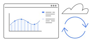 Çizgi çizelgesi, çizgi grafiği, bulut ve veri senkronizasyonunu gösteren dairesel okla gösterge paneli. Analiz, bulut hesaplama, üretkenlik, strateji, veri akışı yeniliği için ideal basit düz metafor
