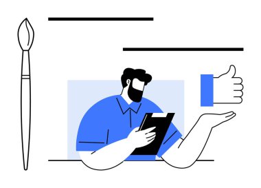 Pano tutan adam, büyük baş parmaklı el ikonu, dikey boya fırçası. Yaratıcılık, geri bildirim, onay, takım çalışması, karar verme sanatı verimliliği için idealdir. Minimalist stil basit düz metafor