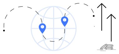 Kesik çizgilerle birbirine bağlı iki konum işaretli küre, yukarı doğru büyümeyi sembolize eden oklar, bozuk para yığını. Küresel ticaret, lojistik, seyahat, ekonomik büyüme, küreselleşme ve yatırım için ideal