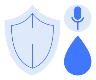 Koruma için kalkan, iletişim için mikrofon, sürdürülebilirlik için su damlası. Güvenlik, teknoloji, çevre, güvenlik, ses tanıma, eğitim için ideal düz metafor