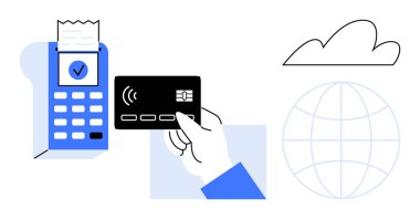 Faturası, bulutu ve bağlantıyı temsil eden küreyle ödeme terminalinin yanında el ele tutuşma kartı. Fintech, e-ticaret, işlemler, küresel ödeme, teknoloji, çevrimiçi alışveriş için ideal