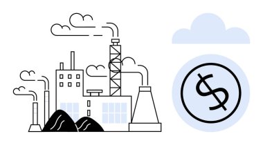 Ekonomi ve kirliliği birbirine bağlayan madeni para ikonu ile birlikte duman yayan fabrika. Ekonomi, çevre, iş stratejisi, finans, iklim değişikliği, sürdürülebilirlik ve endüstriyel analiz için ideal