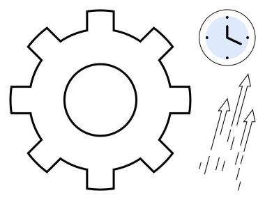Vites gösterme mekanizması, zaman yönetimi için saat ve büyümeyi, ilerlemeyi ve başarıyı simgeleyen yukarı doğru oklar. Üretkenlik, iş akışı, yenilik, sistem verimliliği takım çalışması büyümesi için ideal