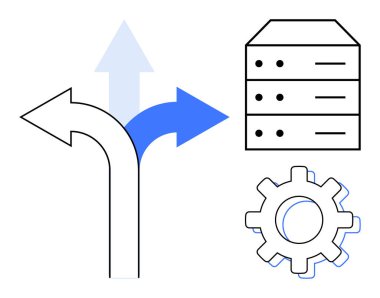 Seçenekleri gösteren mavi ve beyaz oklar, teknolojiyi temsil eden sunucu yığını ve ayarları gösteren teçhizat. Veri yönetimi, karar verme mekanizması, iş stratejisi, bilişim işlemleri ve sistem için ideal