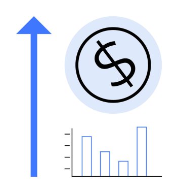 Yükselen ok, dolar sembolü ve gelir artışını, yatırımı, karı ve analizi vurgulayan büyüme tablosu. Finans, ticari başarı pazarlama stratejisi verileri ve sunumları için ideal. Temiz