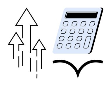 Yukarı doğru çıkan okların yanındaki hesap makinesi büyüme, analitik ve finansal başarıyı simgeliyor. Finans, iş, yatırım, muhasebe, strateji, üretkenlik için ideal düz metafor