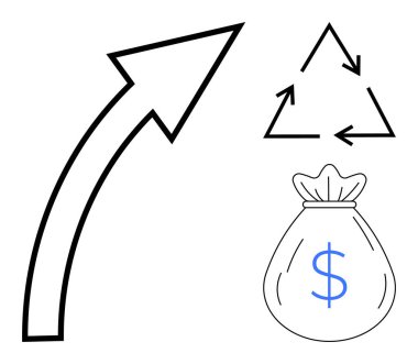 İlerlemeyi simgeleyen yukarı ok sürdürülebilirlik için geri dönüşüm üçgeni ve finansal büyüme için dolar işaretli para torbası. İş için ideal, eko-verimlilik, ekonomi, yeşil uygulamalar, yenilik