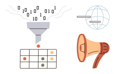 Küresel bağlantıyı gösteren küre ve iletişimi sembolize eden megafon, kategorize tabloya huni işleme ikili verileri. Veri analizi, teknoloji, küresel erişim, ağ kurmak için ideal